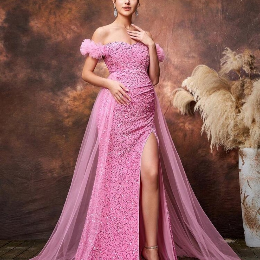 SHEIN Pink Sequin Embellished Off-Shoulder Gown